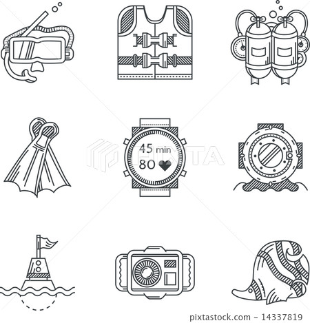 Black line vector icons for diving 14337819