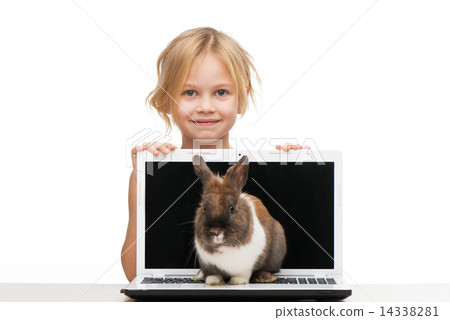 Little girl with laptop and bunny on it 14338281