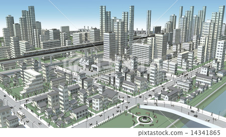 3D-CG of a bird's-eye view of an urban area 14341865