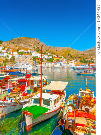 The beautiful main port of Hydra island in Greece 14344453