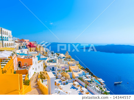 sea and Volcano Fira in Santorini island in Greece 14344557