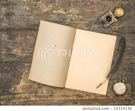Open diary book and vintage office supplies on wooden table Open diary book and vintage office supplies on wooden table 14354136