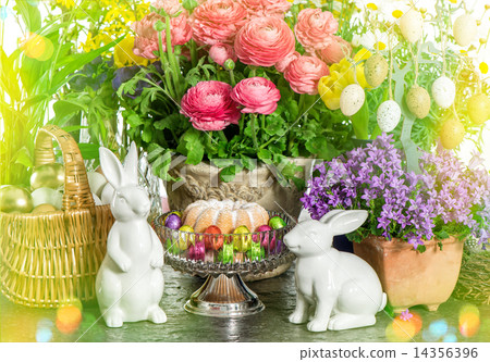 Easter cake, spring flowers, eggs and bunny. Light leaks Easter cake, spring flowers, eggs and bunny. Light leaks 14356396