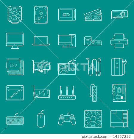 Computer components and peripherals thin lines icons set 14357232