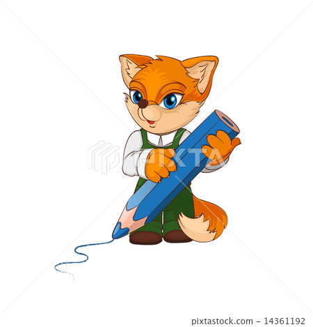 Cartoon fox character with big pencil. 14361192