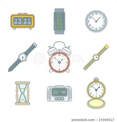 colored outline various watches clocks icons set 14369817