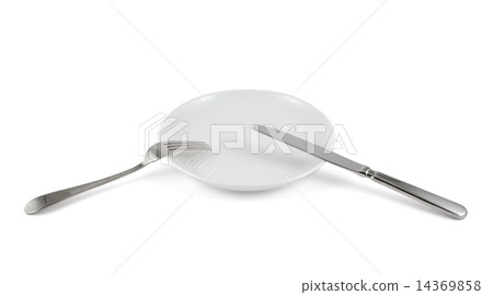 Table knife, fork and ceramic plate isolated 14369858