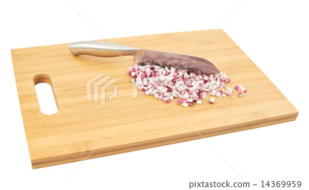 Cut in pieces red onion over cutting board Cut in pieces red onion over cutting board 14369959