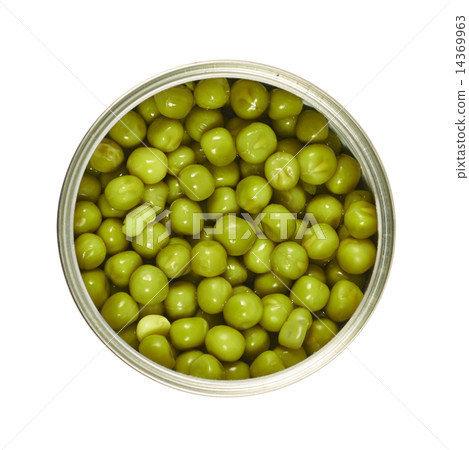 Metal can full of green peas isolated 14369963