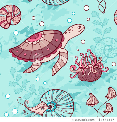Seamless pattern with turtle and nautilus 14374347