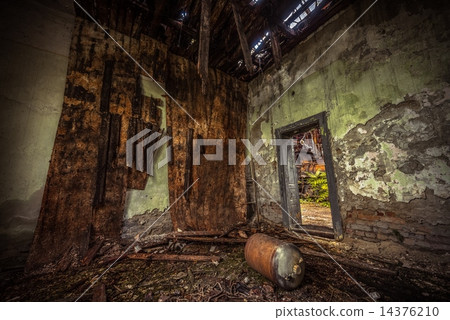 Dark room interior with damaged roof 14376210