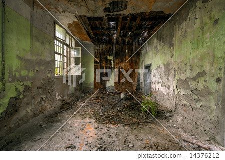 Dark room interior with damaged roof 14376212