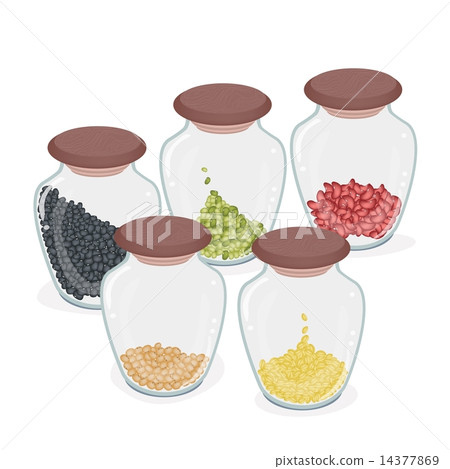 Five Bottles of Different Beans Isolated on White Background 14377869