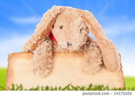 Rabbit, holding old grunge canvas fabric burn edge for happy eas Rabbit, holding old grunge canvas fabric burn edge for happy eas 14378268