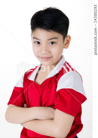 Portrait of Happy asian cute boy in red sport uniform 14380293