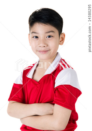 Portrait of Happy asian cute boy in red sport uniform 14380295