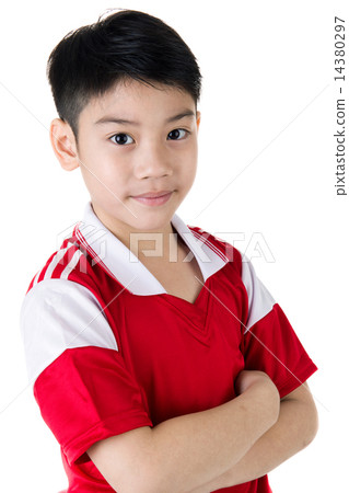 Portrait of Happy asian cute boy in red sport uniform 14380297