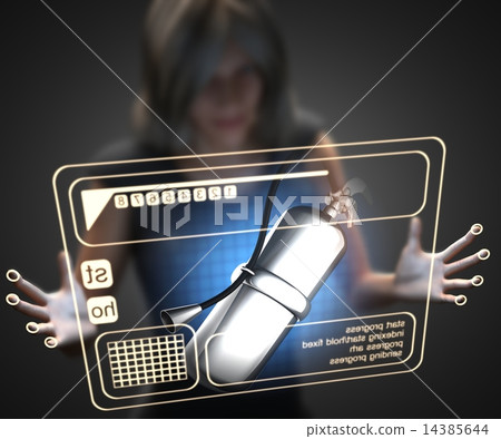 woman and hologram with fire extinguisher 14385644