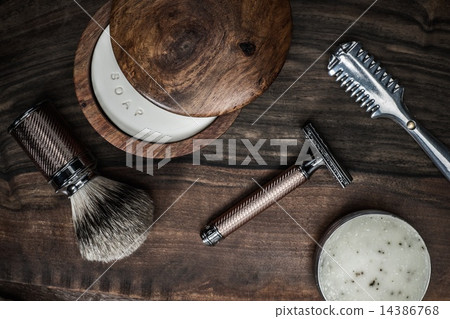 Shaving accessories on a luxury wooden background 14386768