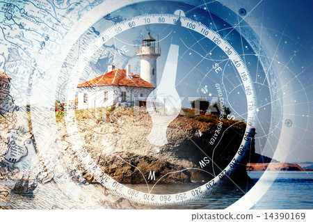 Old ships navigation background with old compass Old ships navigation background with old compass 14390169