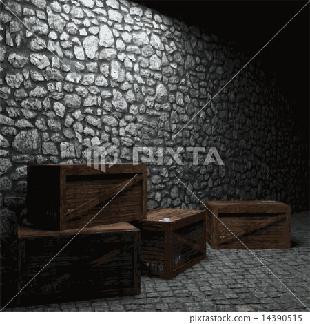 vector illuminated stone wall and boxes vector illuminated stone wall and boxes 14390515