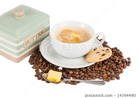 Coffee with milk, added butter, and butter cookie Coffee with milk, added butter, and butter cookie 14394490