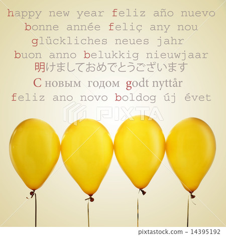 golden balloons and the text happy new year in different languag 14395192