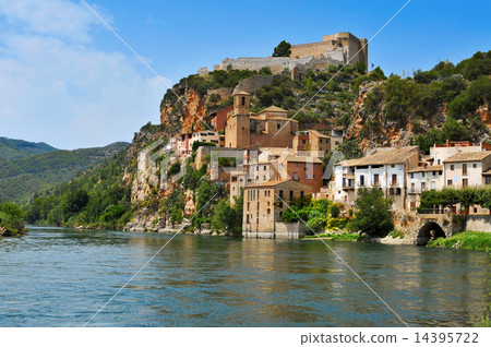the Ebro River and the old town of Miravet, Spain 14395722