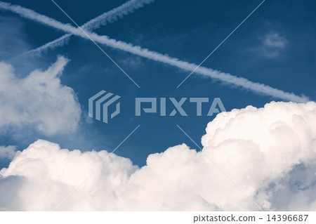 Two crossing traces from planes in blue sky Two crossing traces from planes in blue sky 14396687