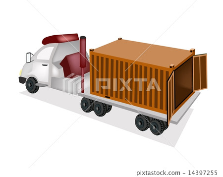 A Flatbed Trailer Delivering A Cargo Container A Flatbed Trailer Delivering A Cargo Container 14397255