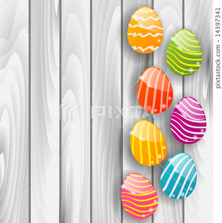 Easter glossy colorful eggs on grey wooden texture Easter glossy colorful eggs on grey wooden texture 14397341