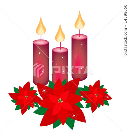 Red Poinsettia Flowers and Three Christmas Candles Red Poinsettia Flowers and Three Christmas Candles 14398650