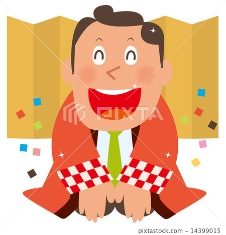 在金折疊屏幕前面招呼的紅色帽子的男性職員 14399015