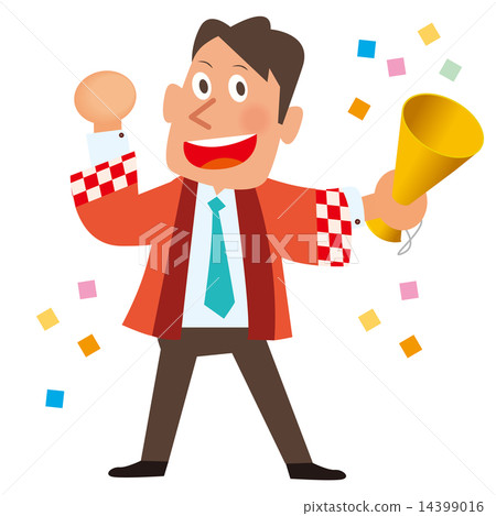 Male clerk with red hat with megaphone Male clerk with red hat with megaphone 14399016