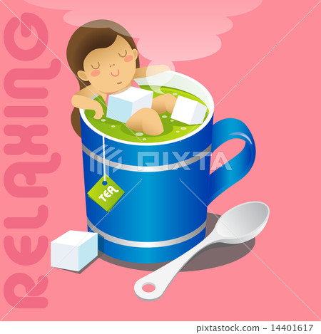 girl in blue mug of hot gree tea 14401617