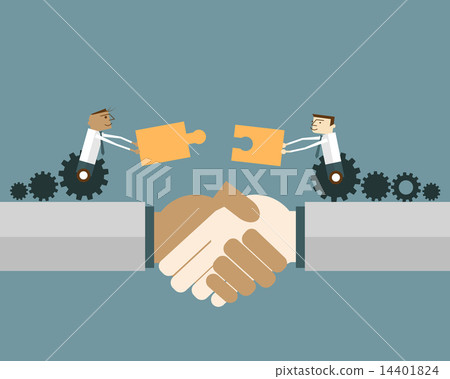 Businessmen on gear wheel with puzzle pieces 14401824