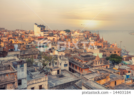 Sunset view over Varanasi during kite festival 14403184