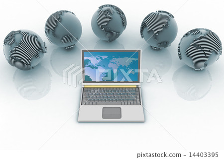 Laptop and globes. Conception global computer netw 14403395