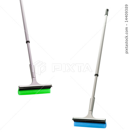 plastic brooms isolated on white 14409389