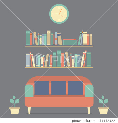 Flat Design Interior Vintage Sofa and Bookshelf Flat Design Interior Vintage Sofa and Bookshelf 14412322