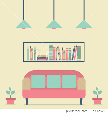 Flat Design Interior Vintage Sofa and Bookshelf 14412326