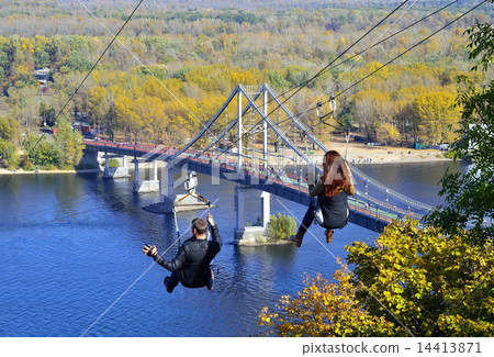 Bridge construction site across Dnieper river, Kie 14413871