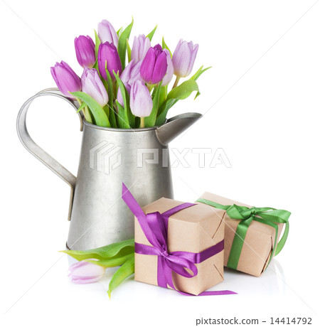 Purple tulip bouquet in watering can and gifts 14414792