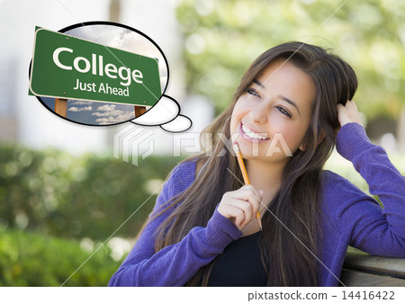 Young Woman with Thought Bubble of College Green Road Sign Young Woman with Thought Bubble of College Green Road Sign 14416422