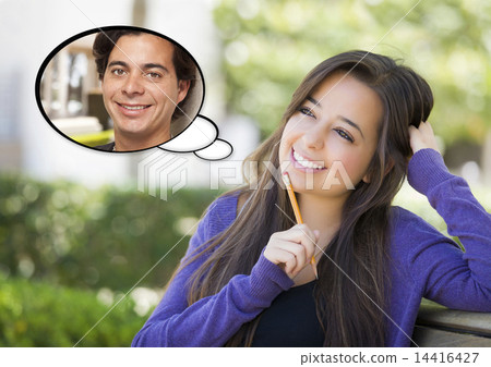 Pensive Woman with Handsome Young Man Thought Bubble 14416427