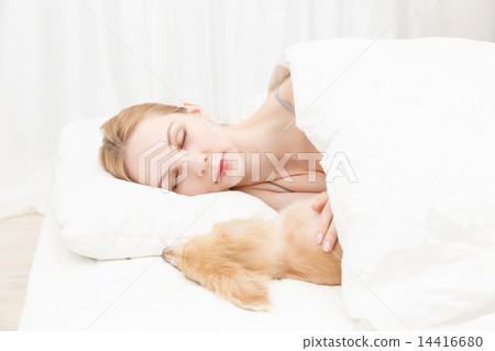 睡覺與狗的年輕白人婦女 14416680