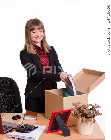 Adopted in office girl puts her things out of the box 14419056