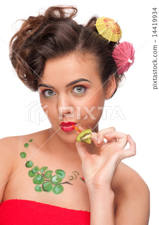 Close up portrait of young emotional woman with kiwi canape Close up portrait of young emotional woman with kiwi canape 14419934
