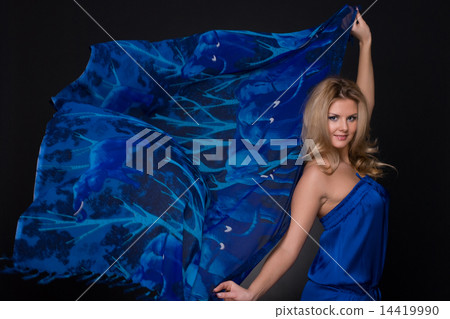 Closeup portrait of fashion woman with blue flying scarf 14419990