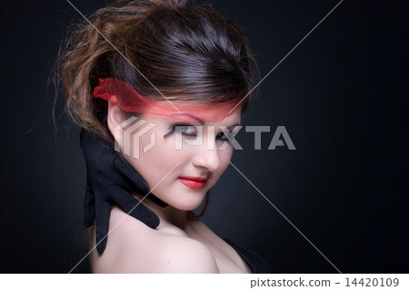 Close up portrait of girl with red lips on black Close up portrait of girl with red lips on black 14420109